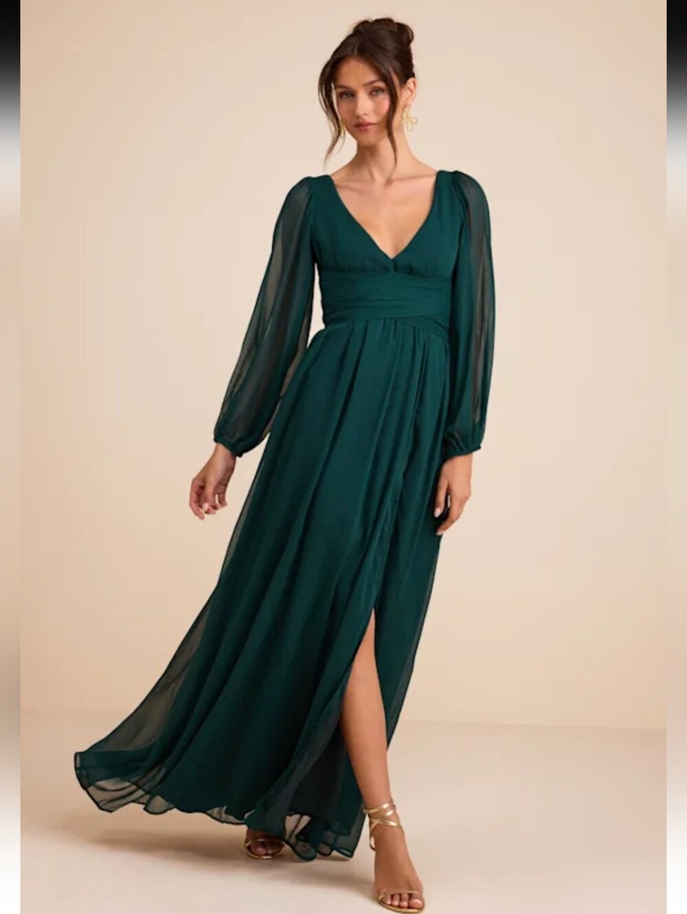 Lulu's Forest Green V-Neck Long Sleeve Maxi Dress Women Size S NWOT